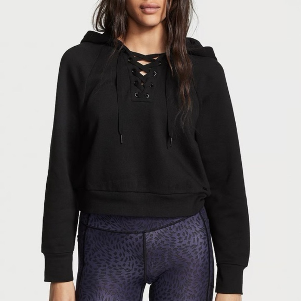 Victoria's Secret Lace Up Front Cropped Hoodie Black Cotton Blend